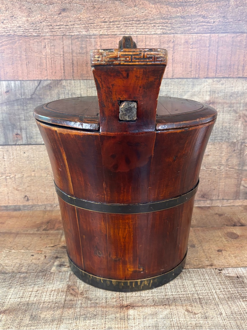 Vintage Chinese Lacquered Rice Bucket With Locking Lid & Handle Home Decor - Picture 2 of 14